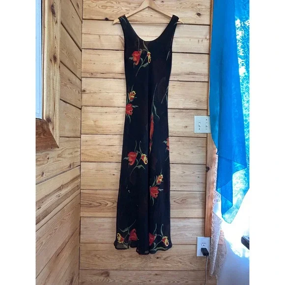 Vintage Floral Chiffon Reversible Sleeveless Maxi Dress Black Red Orange - Picture 7 of 8